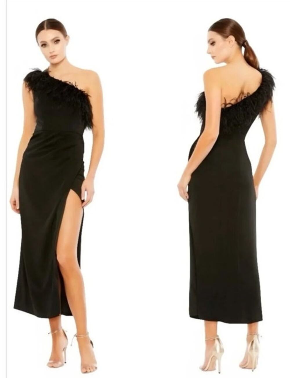 Mac Duggal A68147 Dress Feather One Shoulder Draped Faux Wrap Midi Black NWT 2